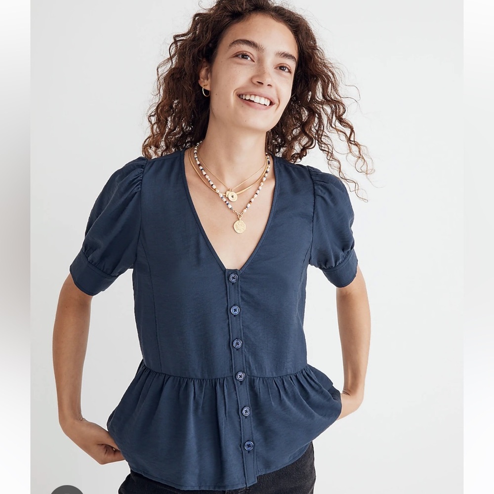 Madewell Drapeweave Puff-Sleeve Peplum Top, Dark Blue Baltic size XS